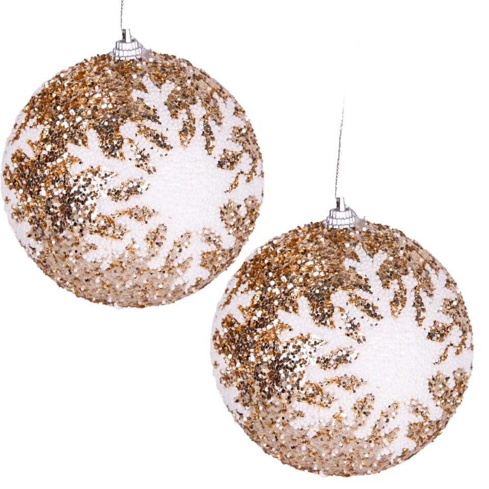 Yılbaşı Topu, Pullu, Beyaz Kar Tanesi Şekilli, Şampanya - 2'li Paket, 9 cm