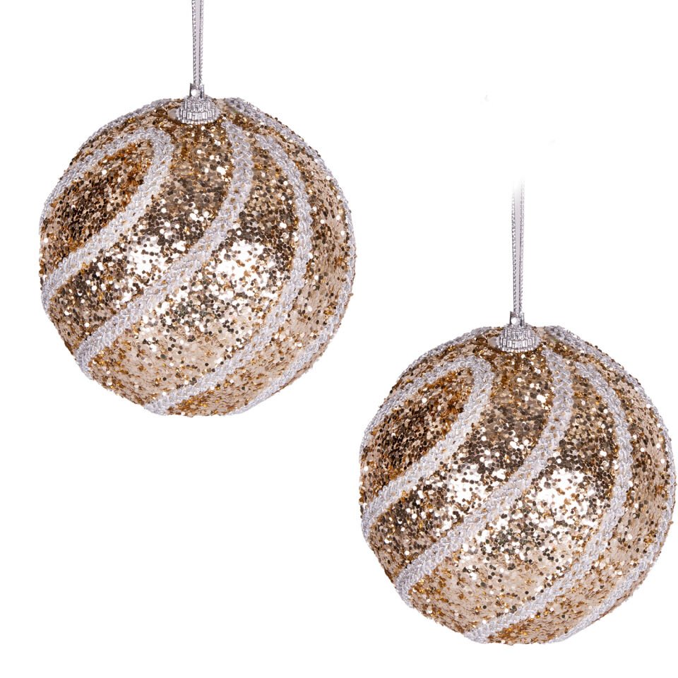 Yılbaşı Topu, Pullu, Beyaz Simli Dantel Şeritli, Şampanya - 2'li Paket, 9 cm