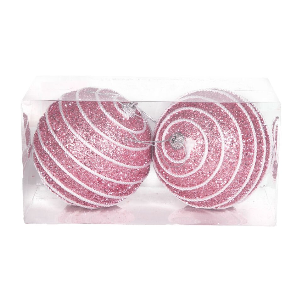 Yılbaşı Topu, Pullu, Beyaz Şerit İp Desenli, Pembe - 2'li Paket, 9 cm