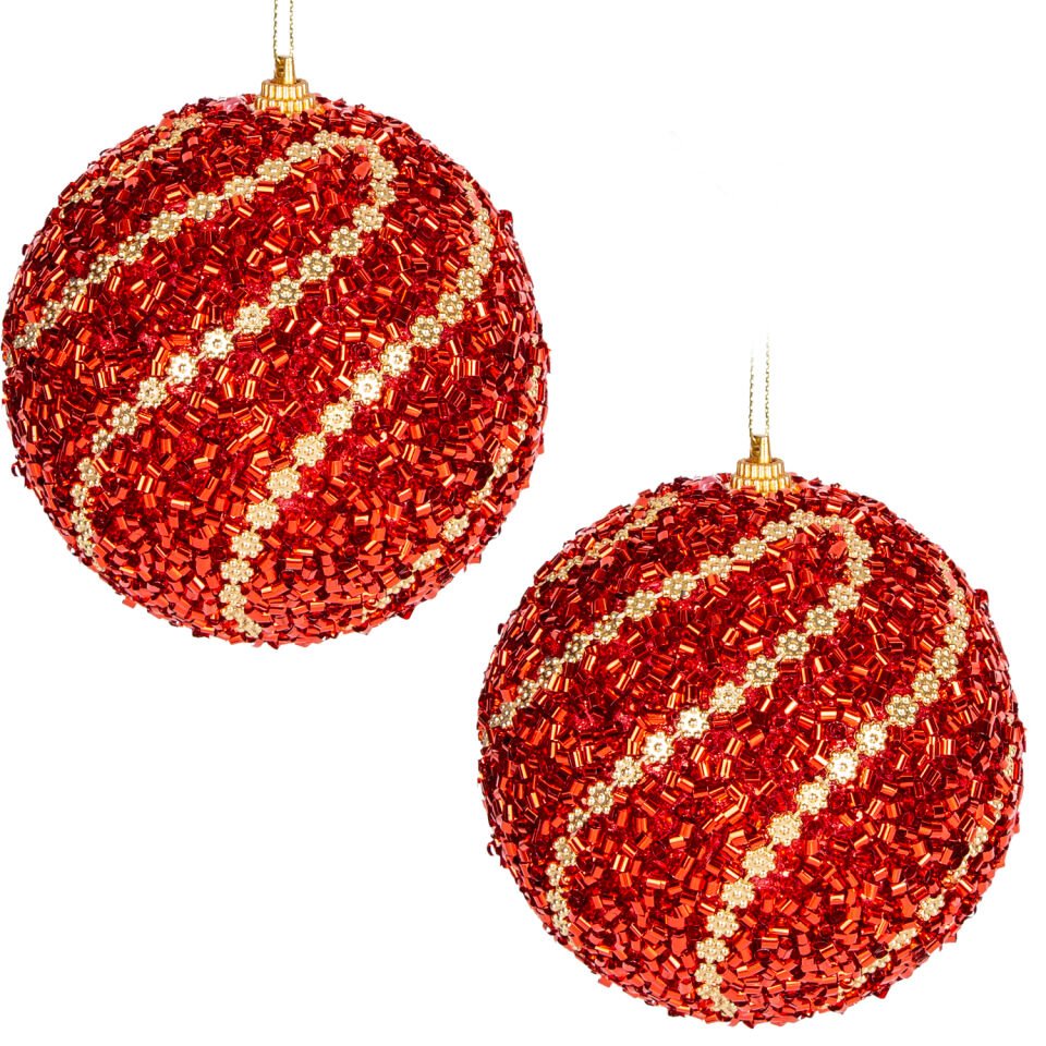 Yılbaşı Topu, Gold Şeritli, Kırmızı Boncuk Pullu Detaylı, Kırmızı - 2'li Paket, 9 cm