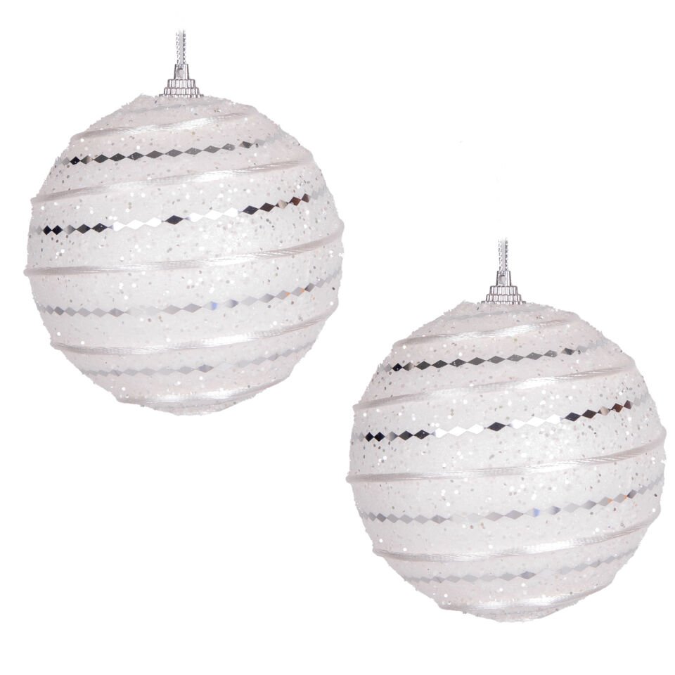 Yılbaşı Topu, Gümüş Desenli, Beyaz - 2'li Paket, 9 cm