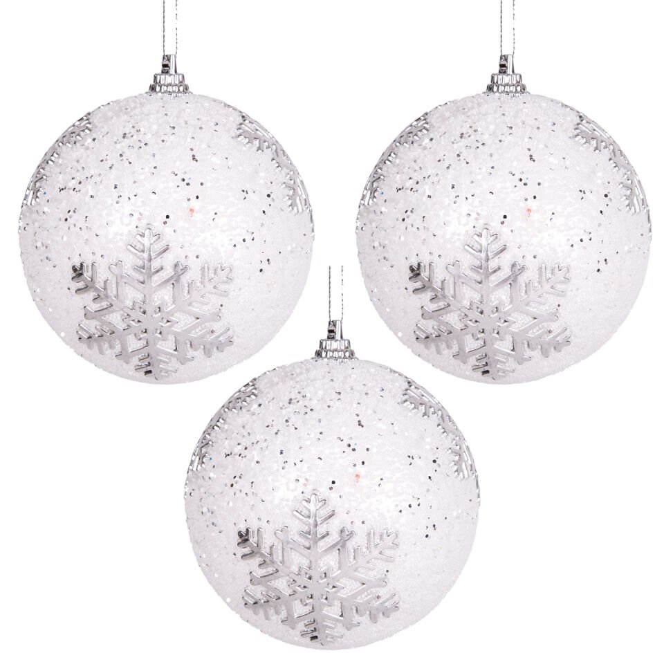Yılbaşı Topu, Beyaz Simli, Kar Tanesi Figürlü, Gümüş - 3'lü Paket, 7 cm