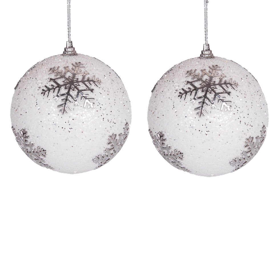 Yılbaşı Topu, Beyaz Simli, Kar Tanesi Figürlü, Gümüş - 2'li Paket, 9 cm