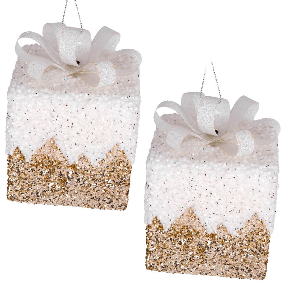 Yılbaşı Süsü, Hediye Paketi, Simli, Kurdelalı, Gold-Beyaz - 2'li Paket, 10 cm