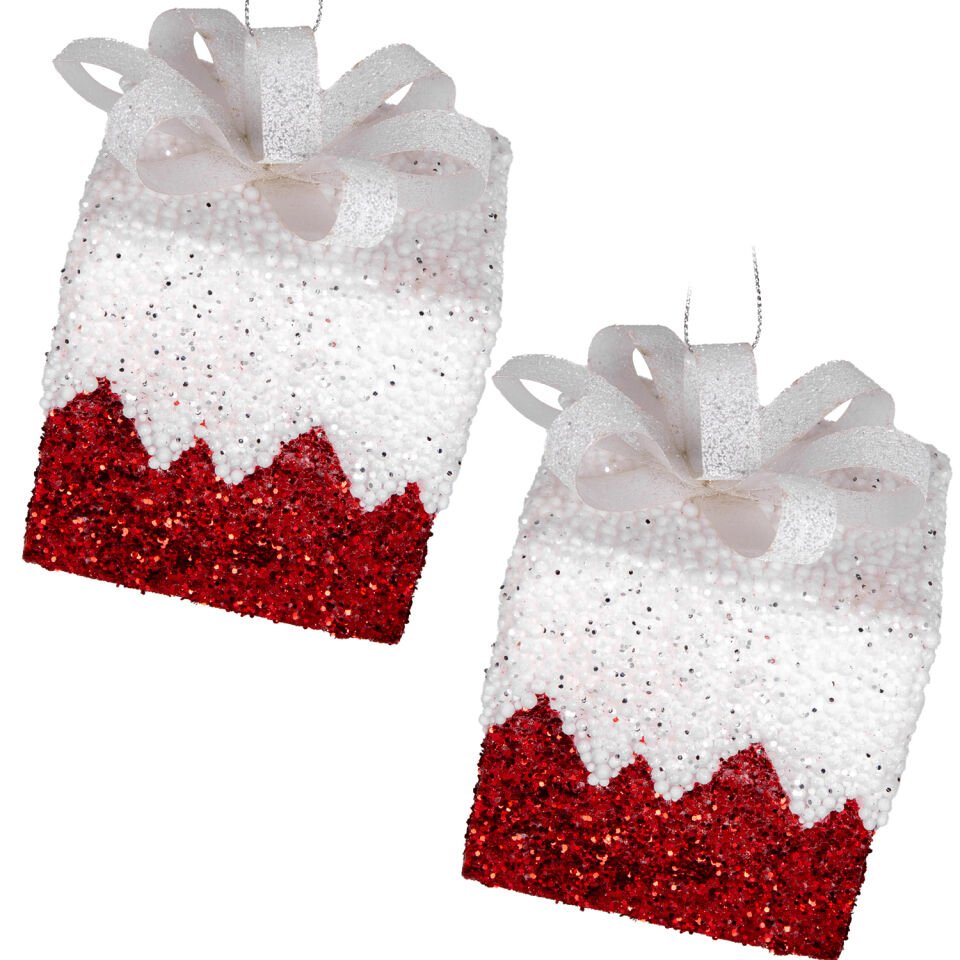 Yılbaşı Süsü, Hediye Paketi, Simli, Kurdelalı, Kırmızı-Beyaz - 2'li Paket, 10 cm