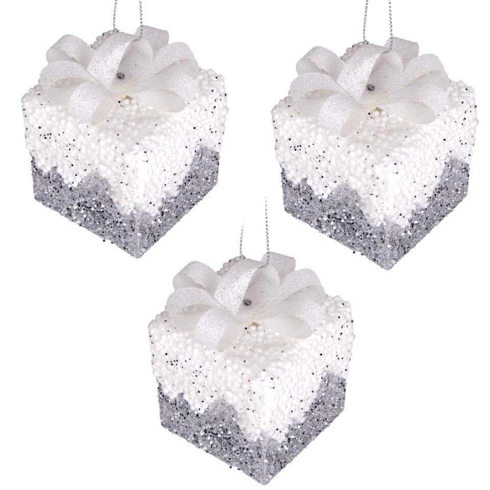 Yılbaşı Süsü, Hediye Paketi, Simli, Kurdelalı, Gümüş-Beyaz - 3'lü Paket, 6 cm