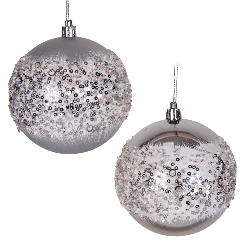 Yılbaşı Topu, Beyaz Boncuk ve Gold Halka Desenli, Gümüş - 2'li Paket, 10 cm
