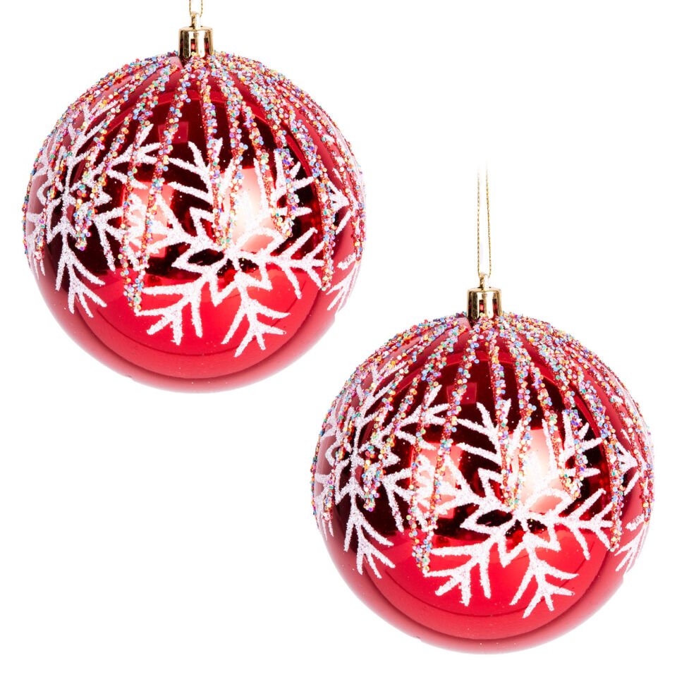 Yılbaşı Topu, Renkli Pullu, Beyaz Kar Taneli, Kırmızı - 2'li Paket, 10 cm