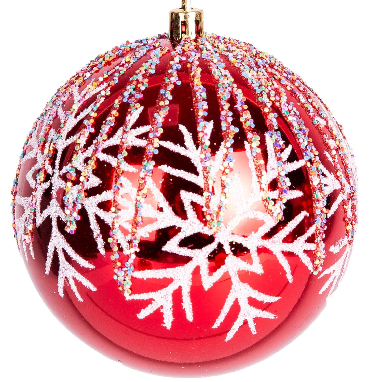 Yılbaşı Topu, Renkli Pullu, Beyaz Kar Taneli, Kırmızı - 2'li Paket, 10 cm