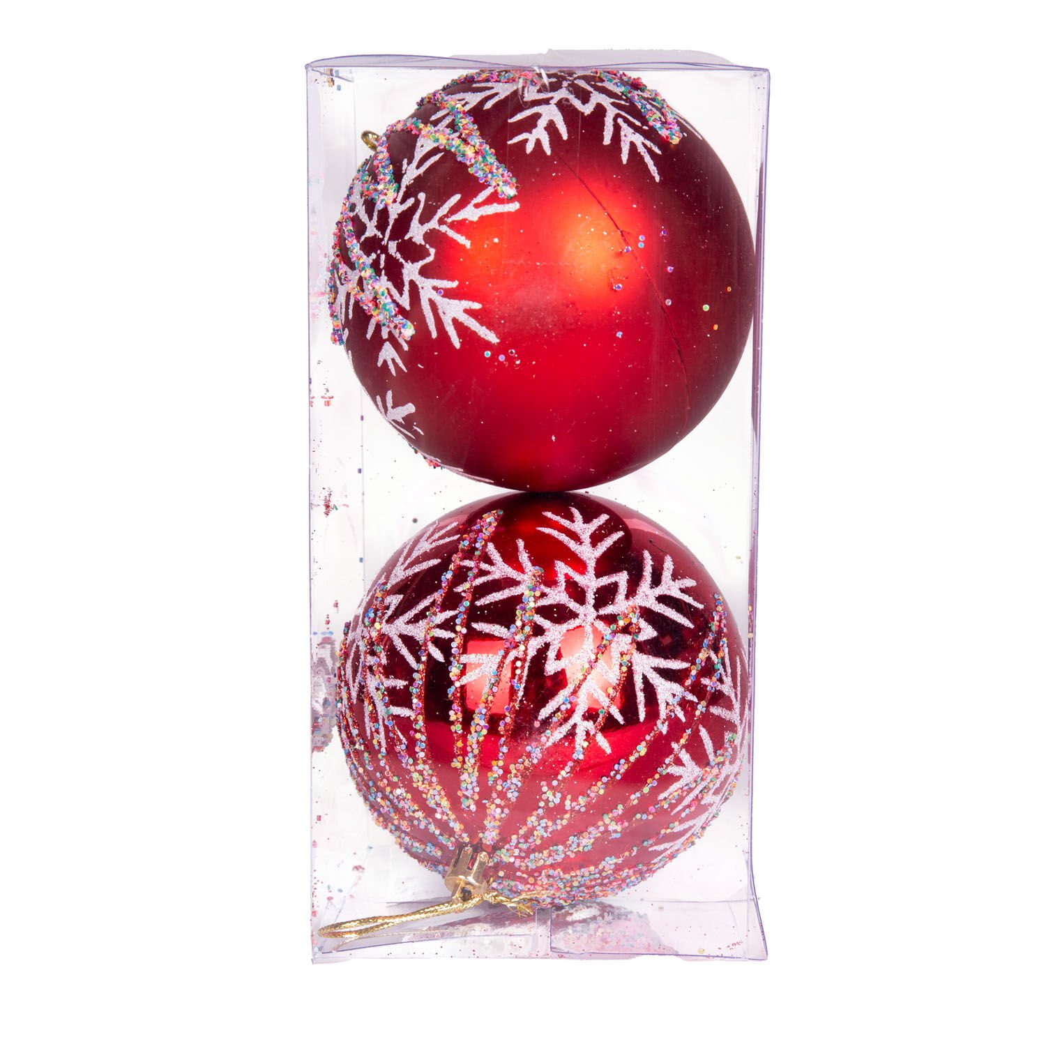 Yılbaşı Topu, Renkli Pullu, Beyaz Kar Taneli, Kırmızı - 2'li Paket, 10 cm