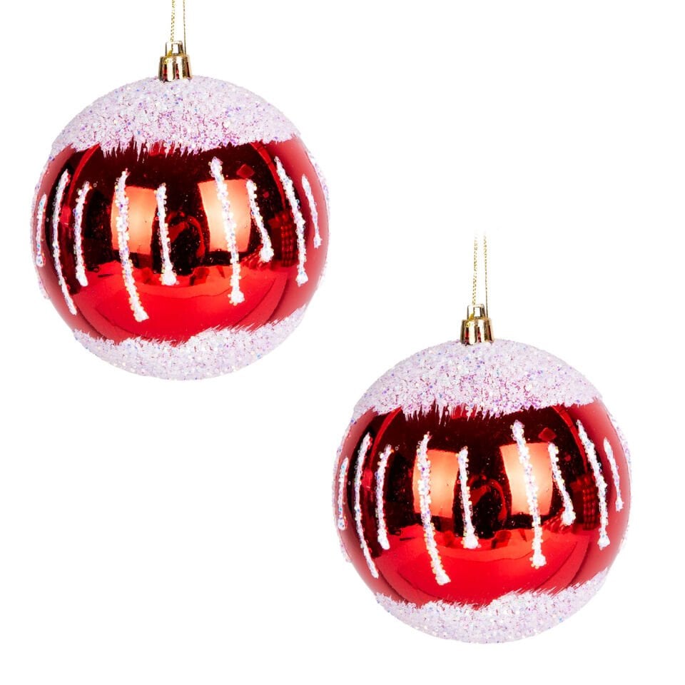Yılbaşı Topu, Renkli Simli, Kar Efektli, Kırmızı-Beyaz - 2'li Paket, 10 cm