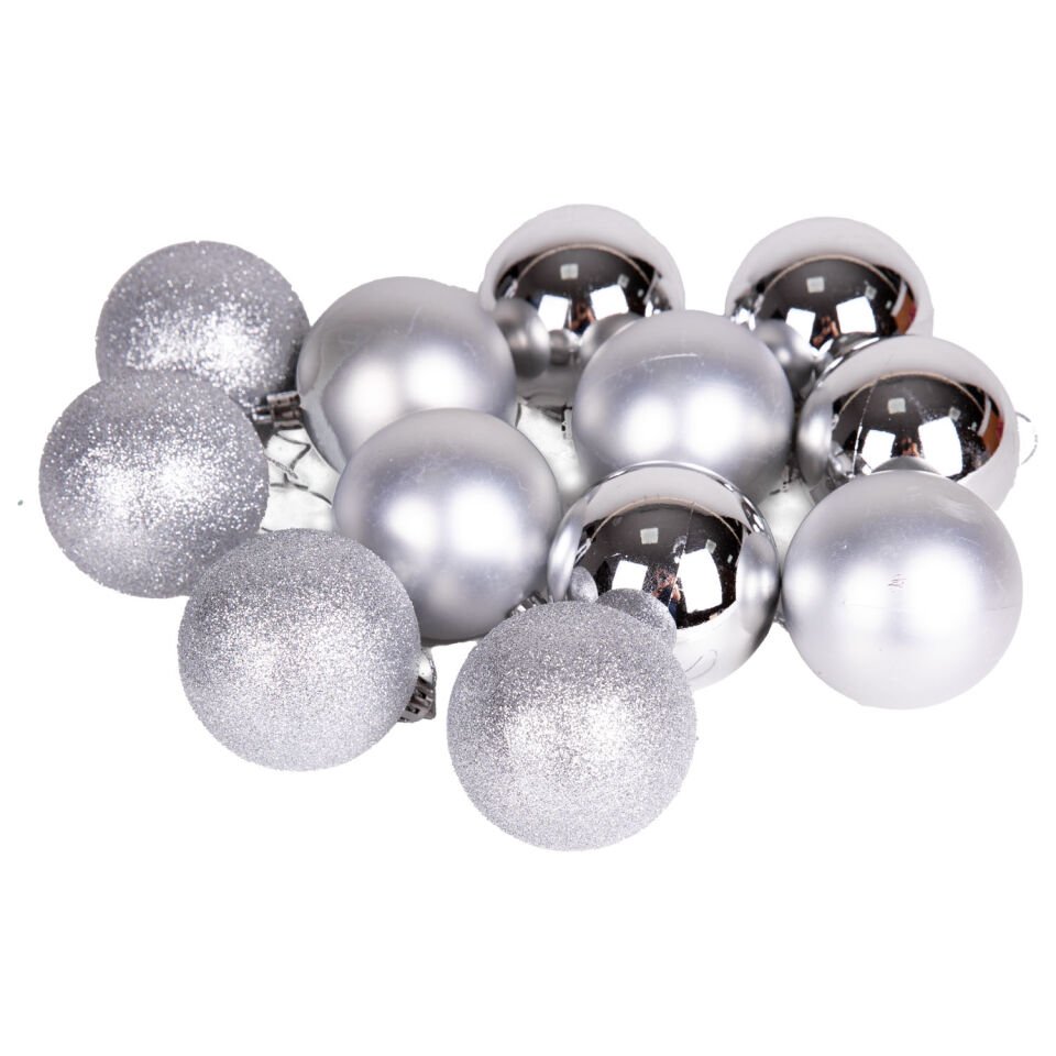 Yılbaşı Topu, Simli Mat Parlak, Gümüş - 12'li Set, 6 cm