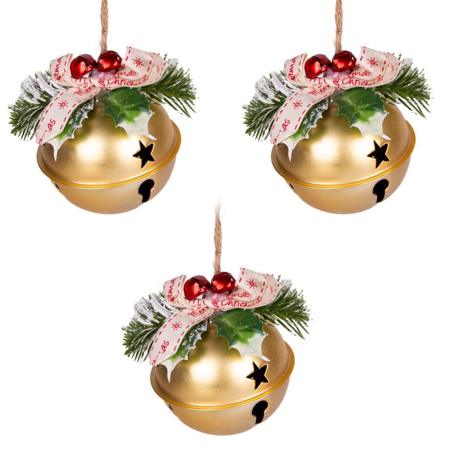 Yılbaşı Süsü, Yılbaşı Topu, Çıngıraklı, Gold - 3'lü Set, 8 cm
