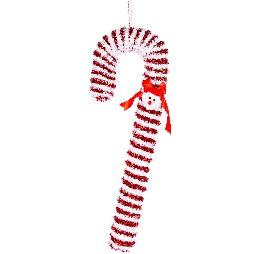 Yılbaşı Süsü, Baston, Kırmızı-Beyaz - Noel Baba Figürlü, Şeritli, 19x52 cm