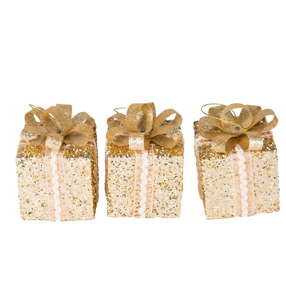 Yılbaşı Süsü, Hediye Paketi, Simli, Gold - Kurdelalı, 3'lü Paket, 9 cm