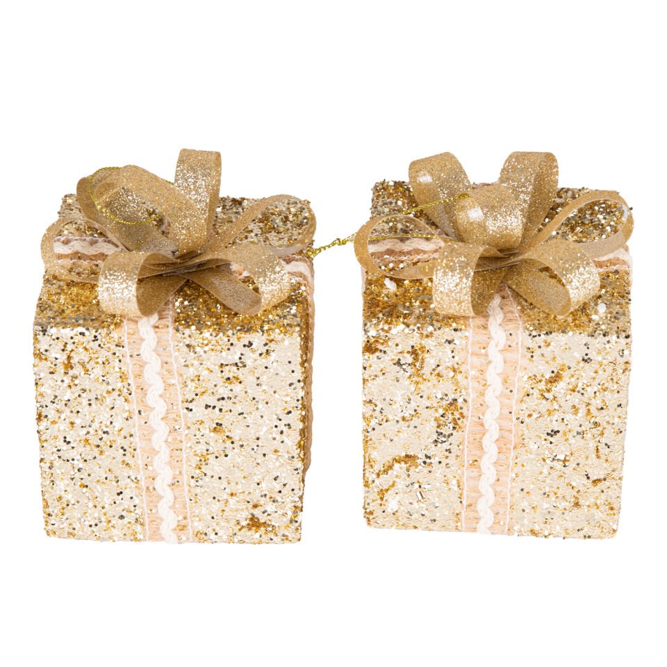 Yılbaşı Süsü, Hediye Paketi, Simli, Gold - Kurdelalı, 2'li Paket, 10 cm