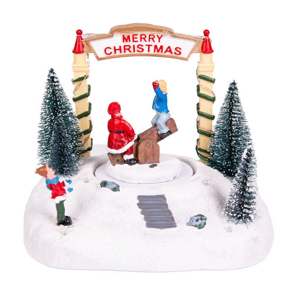 Yılbaşı Süsü, Dekor, Merry Christmas Park, Yeşil-Beyaz - Hareketli, Müzikli, Işıklı, 18x18 cm
