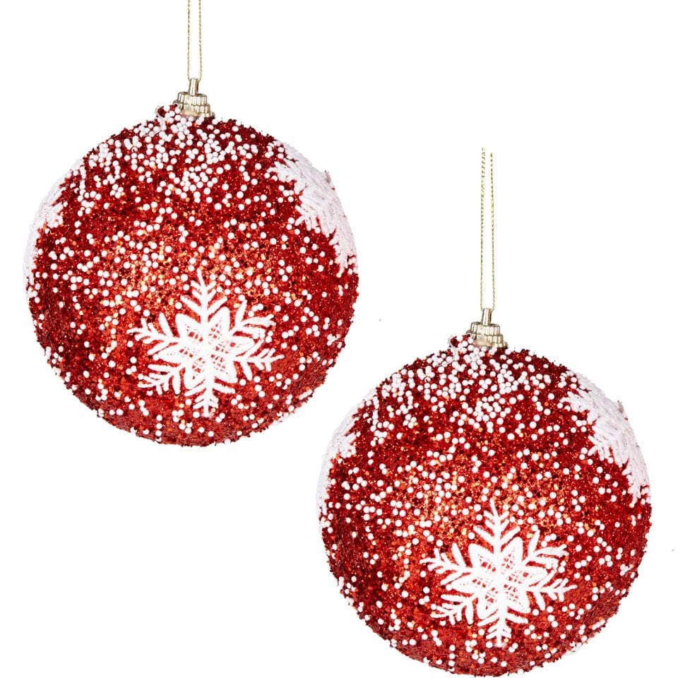 Yılbaşı Topu, Beyaz Kar Taneli, Kırmızı - 2'li Paket, 10 cm