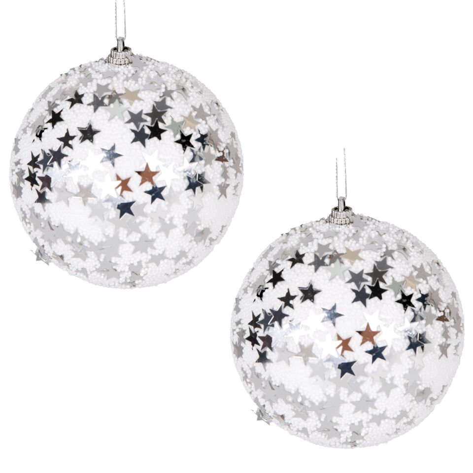 Yılbaşı Topu, Gümüş Yıldızlı, Beyaz - 2'li Paket, 10 cm