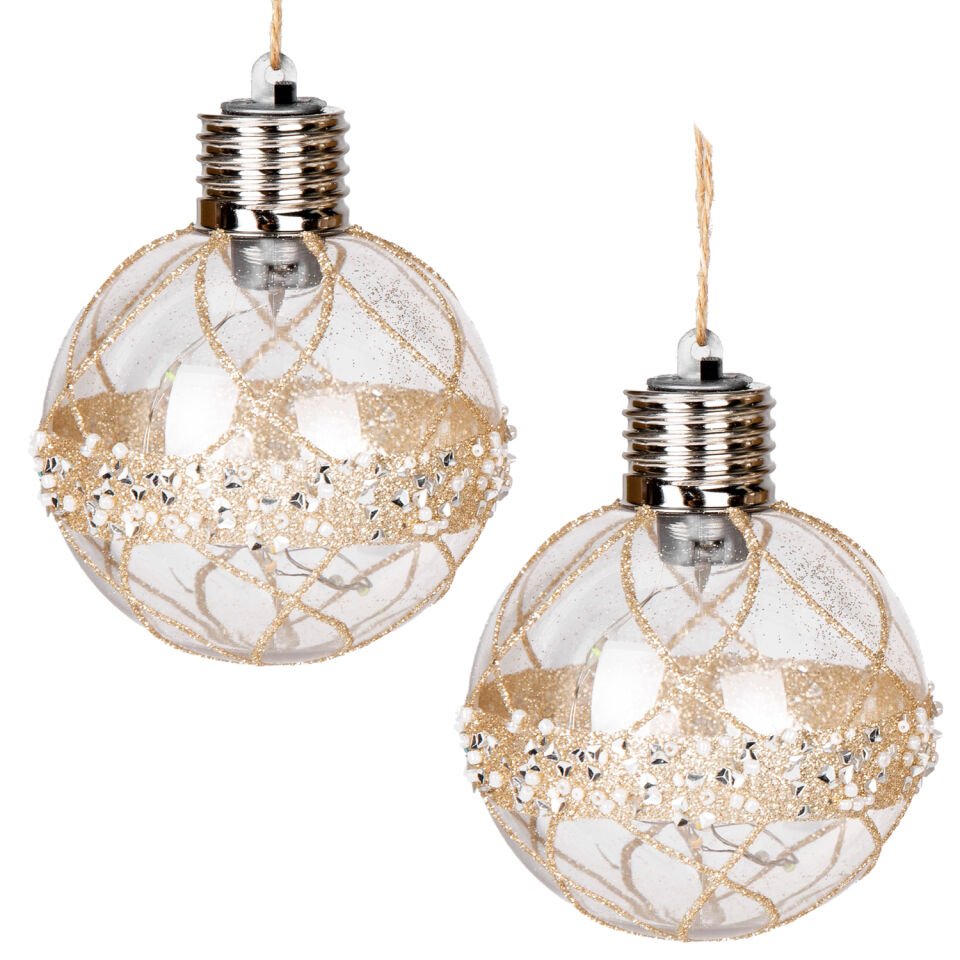 Yılbaşı Topu, Gold - Işıklı, 2'li Paket, 8 cm