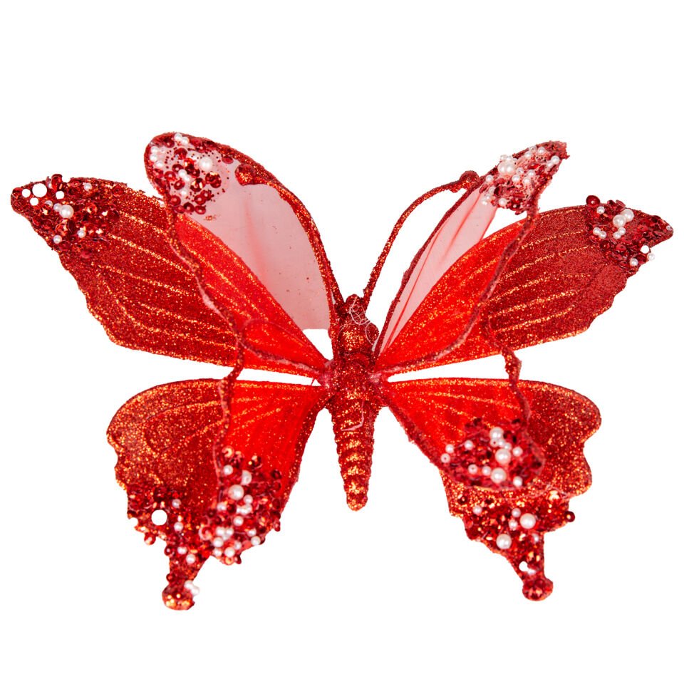 Kelebek Figürü, Simli, Kırmızı - Beyaz İnci Detaylı, Kıskaçlı, 24x9 cm