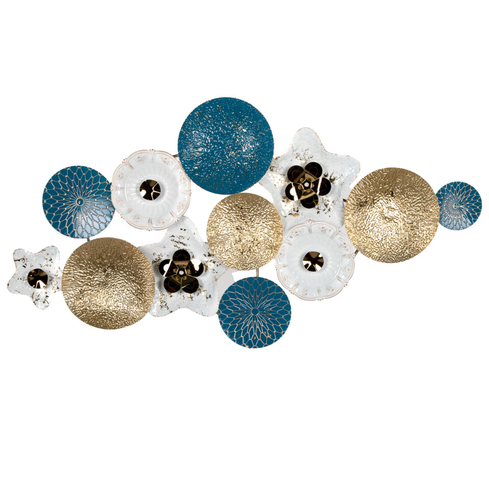 Metal Duvar Panosu Yıldız ve Daire Formlu Mavi-Gold-Beyaz 134x68 Cm.