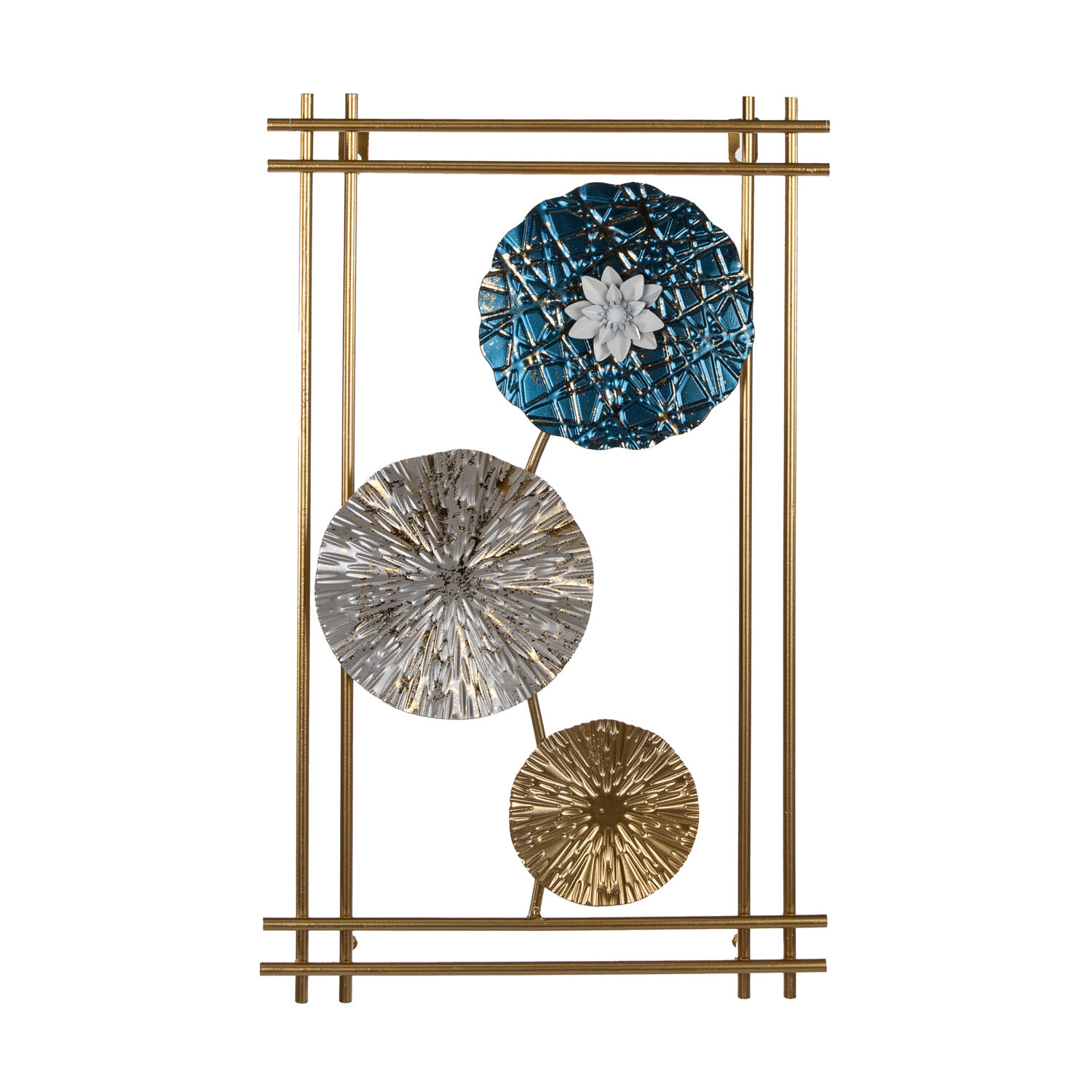 Metal Tablo Çiçek Desenli 3 Boyutlu Modern Mavi-Gold-Gümüş 30x50 Cm.