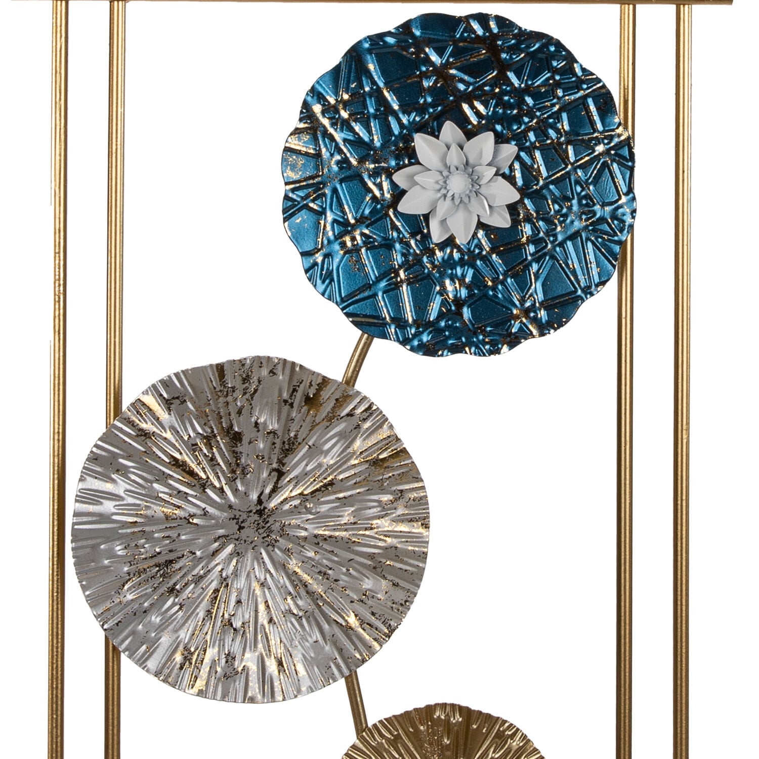 Metal Tablo Çiçek Desenli 3 Boyutlu Modern Mavi-Gold-Gümüş 30x50 Cm.