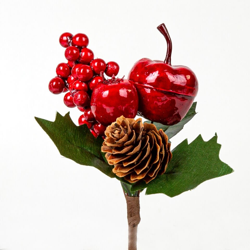 Yılbaşı Çiçeği Pike Berry Dalı, Elma Kozalak Nar Dekorlu, Kırmızı-Yeşil - 14 cm