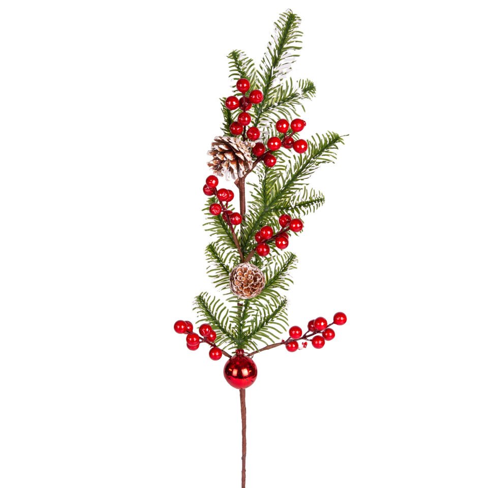 Yılbaşı Çiçeği, Pike, Berry, Karlı, Kozalaklı, Toplu, Kırmızı-Yeşil - 68 cm