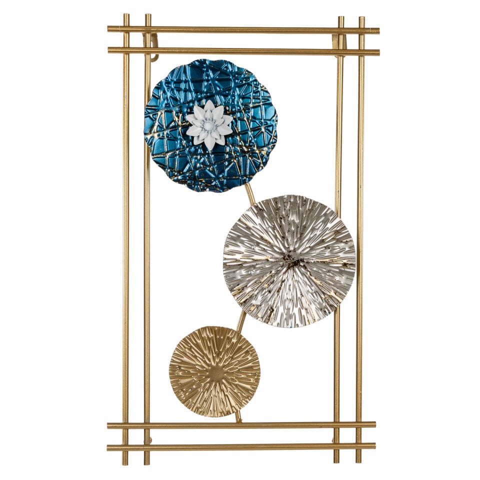 Metal Tablo Çiçek Desenli 3 Boyutlu Modern Mavi-Gold-Gümüş 30x50 Cm.
