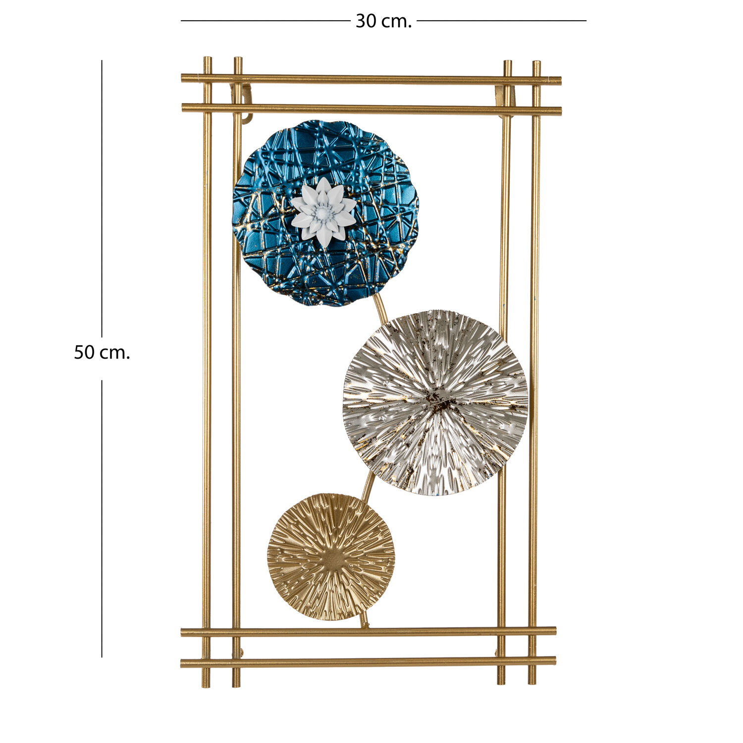 Metal Tablo Çiçek Desenli 3 Boyutlu Modern Mavi-Gold-Gümüş 30x50 Cm.