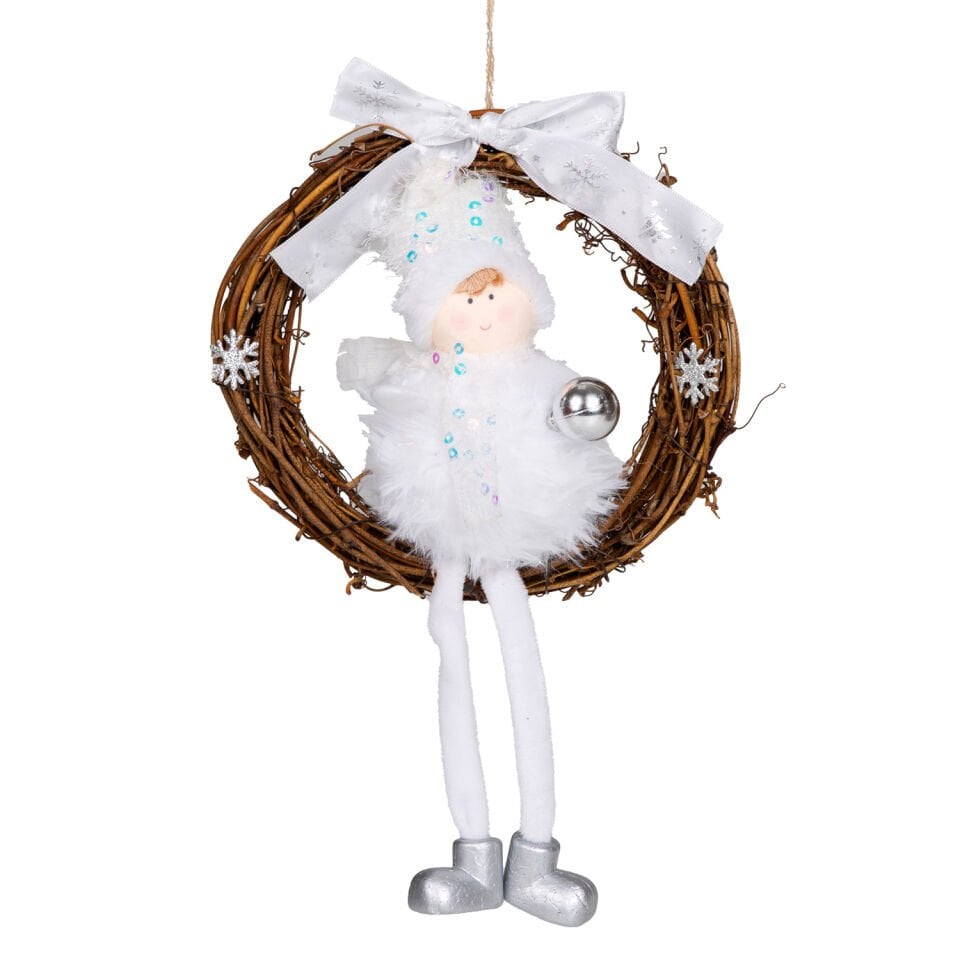 Yılbaşı Süsü, Kapı Çelengi, Beyaz-Kahverengi - Peri Figürlü, Doğal Dal, Sarkan Ayaklı, Kar Taneli, Gümüş Detaylı, 20x30 cm