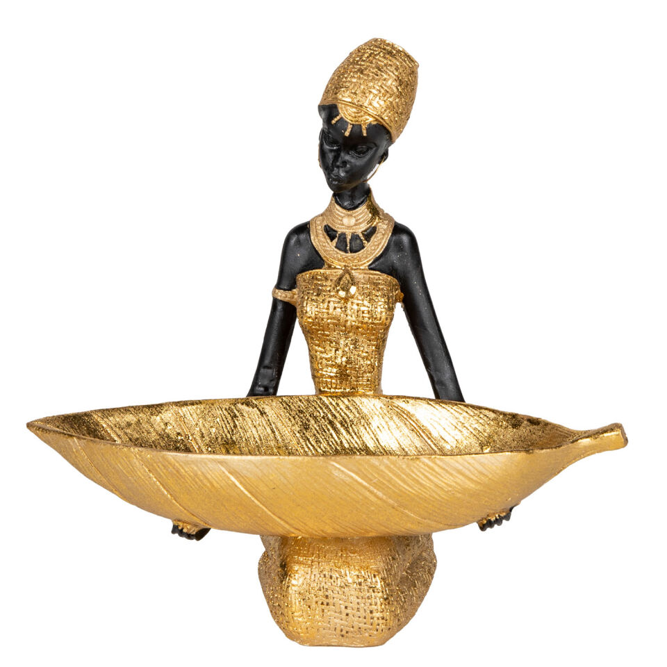 Dekoratif Biblo Yaprak Sepetli Afrikalı Kadın Gold-Siyah 22x22 Cm.