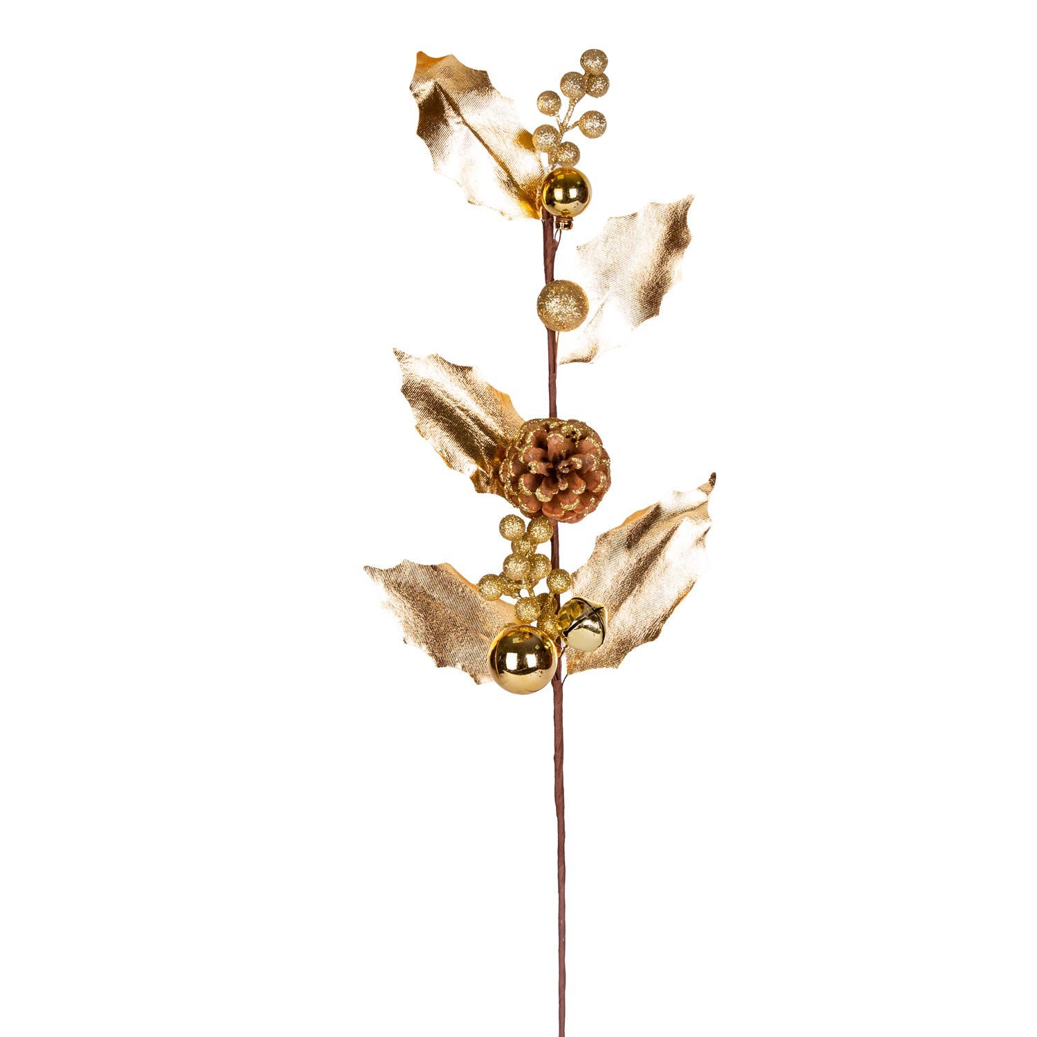 Yılbaşı Çiçeği, Pike Berry, Gold Simli, Renkli Kozalaklı, Toplu, Çanlı, Gold - 65 cm