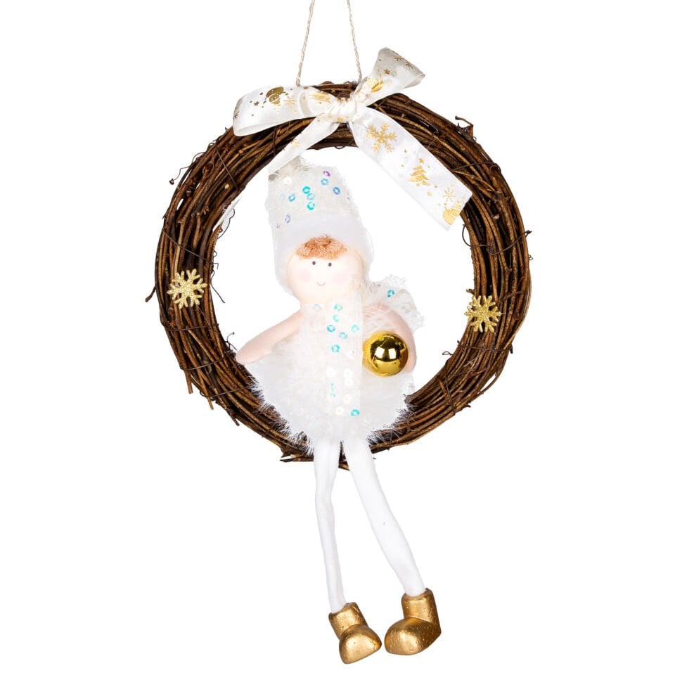 Yılbaşı Süsü, Kapı Çelengi, Gold-Beyaz - Peri Figürlü, 20x30 cm