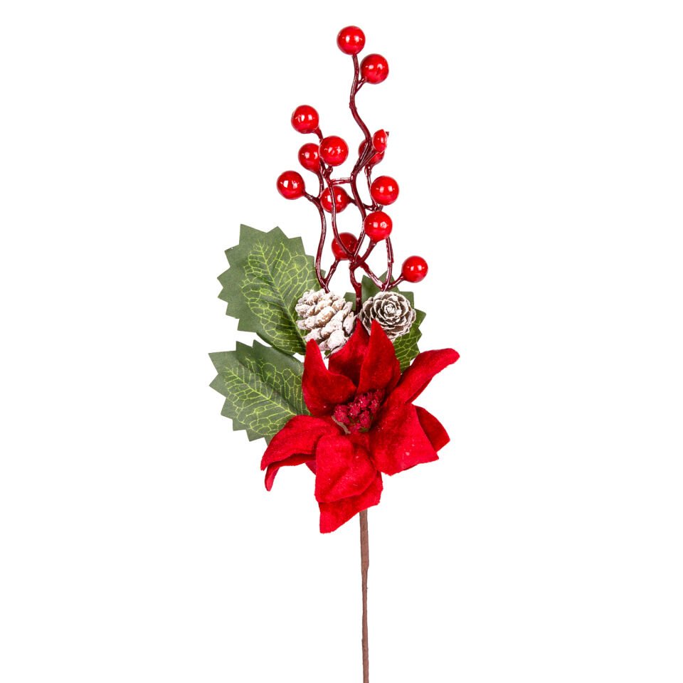 Yılbaşı Çiçeği, Pike Berry, Puansetyalı, Karlı, Kozalaklı, Kırmızı-Yeşil - 30 cm