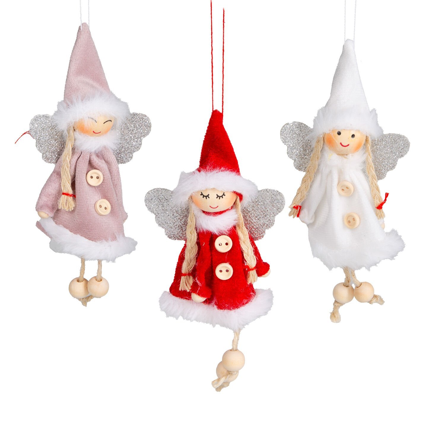 Yılbaşı Süsü, Peri Figürü, Karışık Renkli - Asmalı, Kumaş, Sarkan Ayaklı, Simli Kanatlı, Kutulu, 3'lü Paket, 14 cm