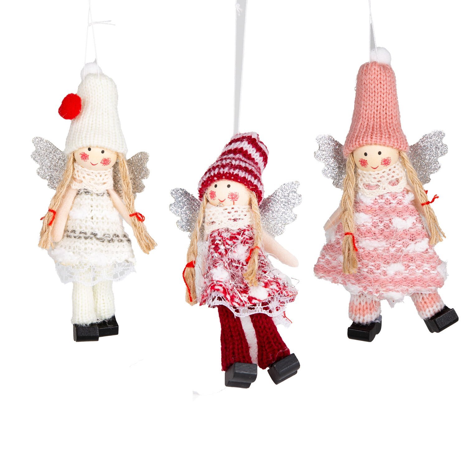 Yılbaşı Süsü, Peri Figürü, Karışık Renkli - Asmalı, Örgü Kıyafetli, Simli Kanatlı, Kutuda, 3'lü Paket, 12 Cm