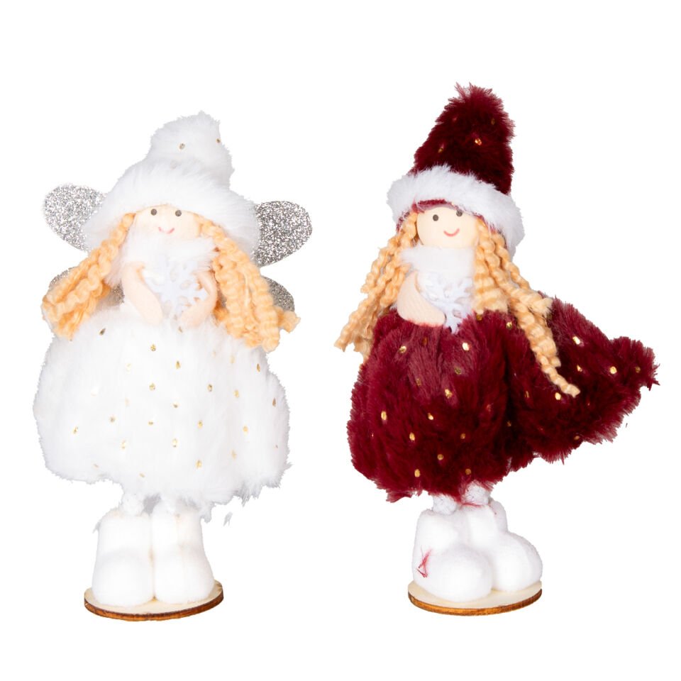 Yılbaşı Süsü, Peri Figürü, Kırmızı-Beyaz - Ayakta Duran, Ahşap Tabanlı, Gold Puantiyeli Elbiseli, Simli Kanatlı, Kutuda, 2'li Paket, 16 cm