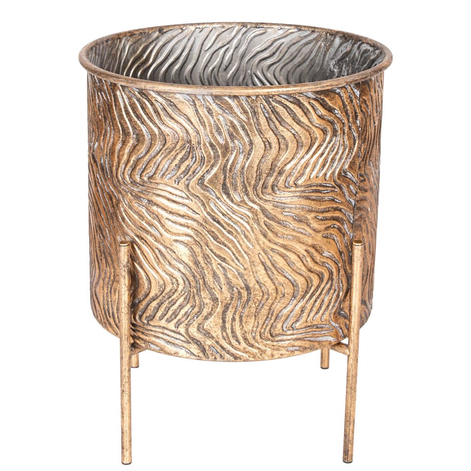 Metal Çiçeklik Saksı, Ayaklı, Silindir, Dalga Desenli, Altın Eskitme - 31x38 cm