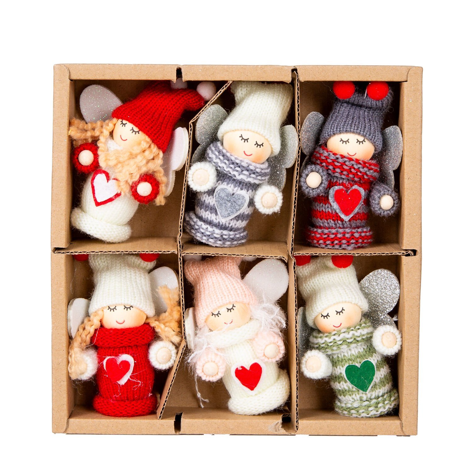 Yılbaşı Süsü, Peri Figürü, Örgü Kıyafetli, Karışık Renkli - Kalp Desenli, Simli Kanatlı, Kutulu, 6'lı Paket, 9 cm