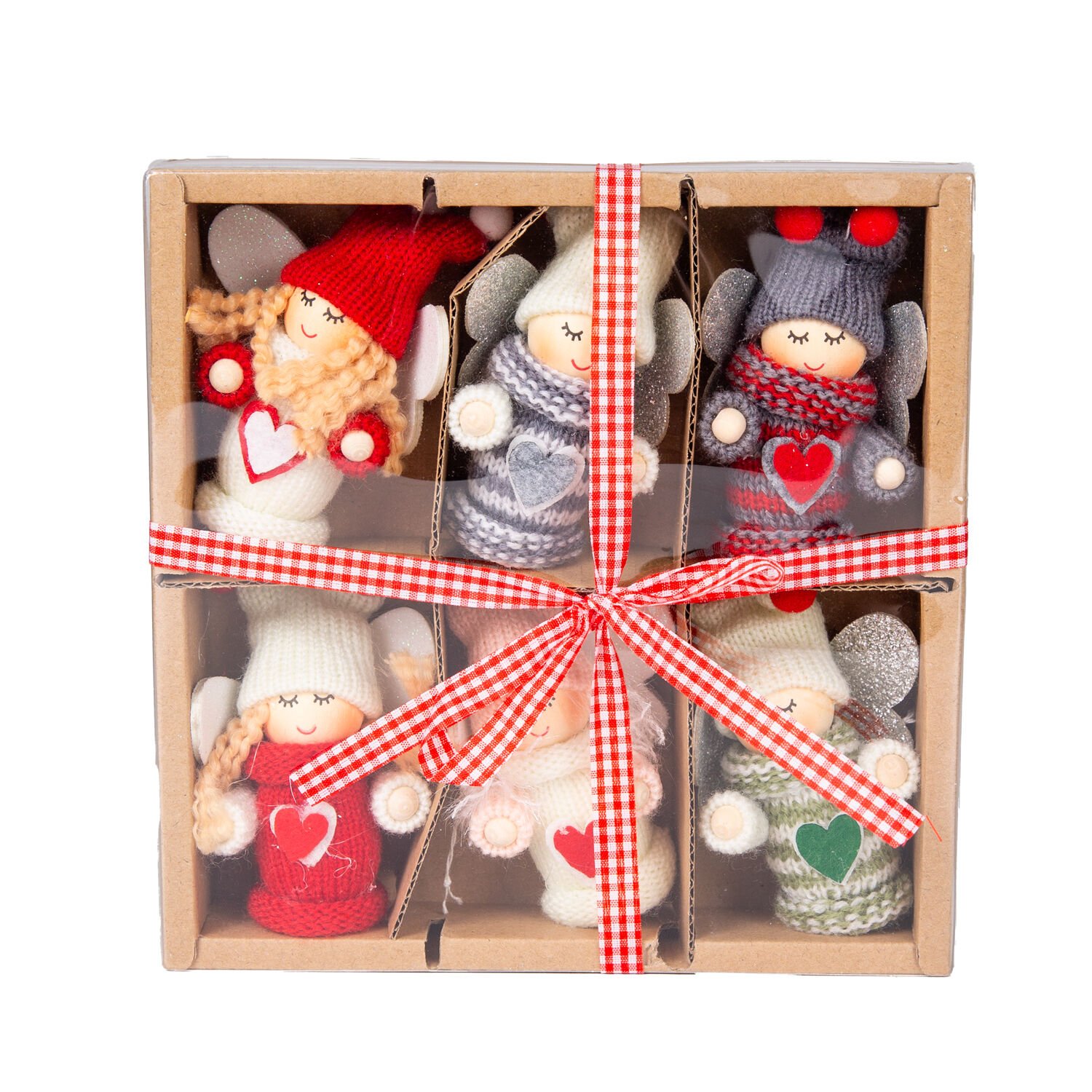 Yılbaşı Süsü, Peri Figürü, Örgü Kıyafetli, Karışık Renkli - Kalp Desenli, Simli Kanatlı, Kutulu, 6'lı Paket, 9 cm