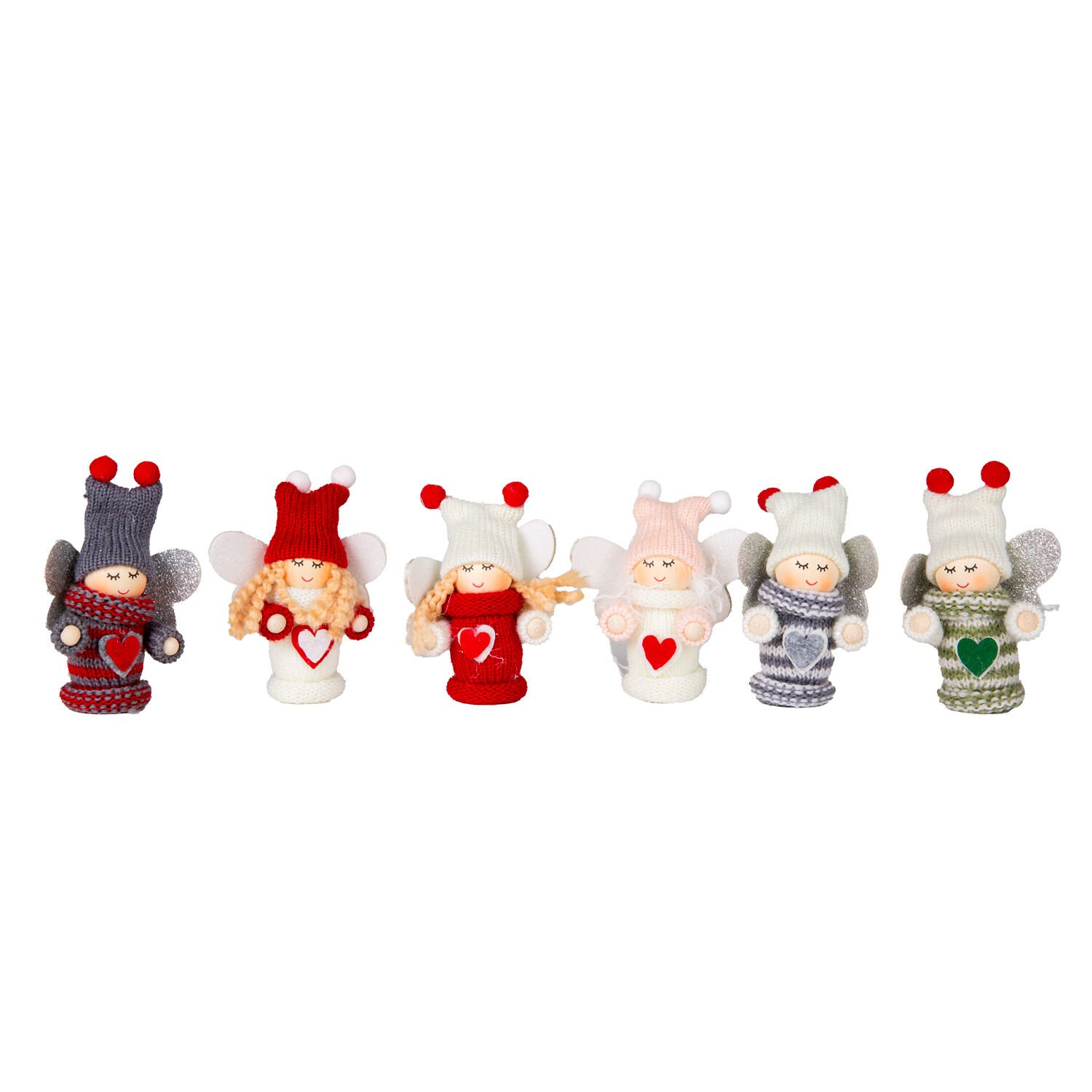 Yılbaşı Süsü, Peri Figürü, Örgü Kıyafetli, Karışık Renkli - Kalp Desenli, Simli Kanatlı, Kutulu, 6'lı Paket, 9 cm