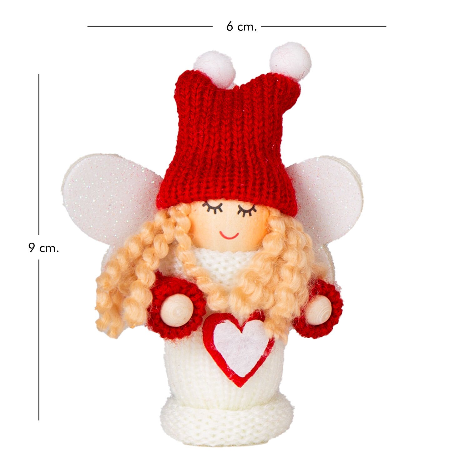 Yılbaşı Süsü, Peri Figürü, Örgü Kıyafetli, Karışık Renkli - Kalp Desenli, Simli Kanatlı, Kutulu, 6'lı Paket, 9 cm