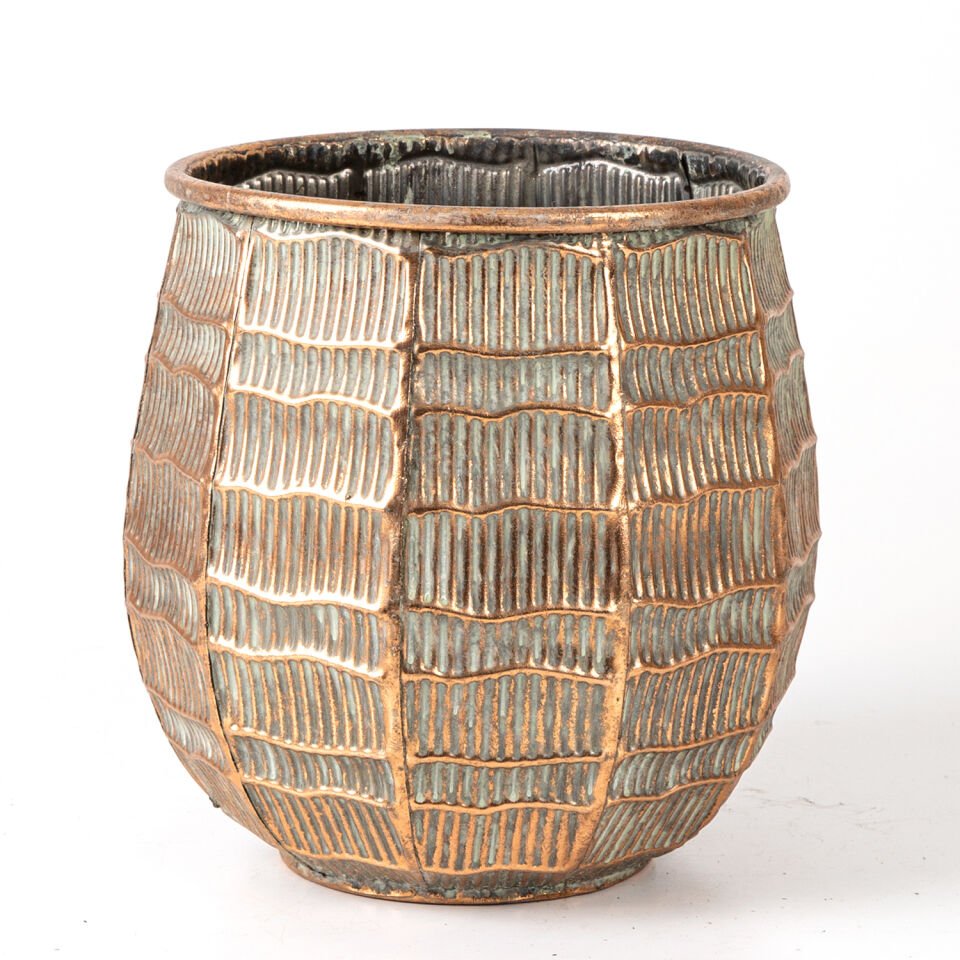 Metal Çiçeklik Saksı, Kabartma Çizgi Desenli, Bakır Eskitme-Gri - 24x23x24 cm