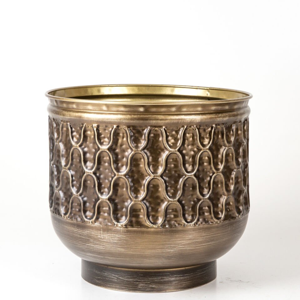 Metal Çiçeklik Saksı, Kabartma Desenli, Kahverengi - 32x28,5x32 cm