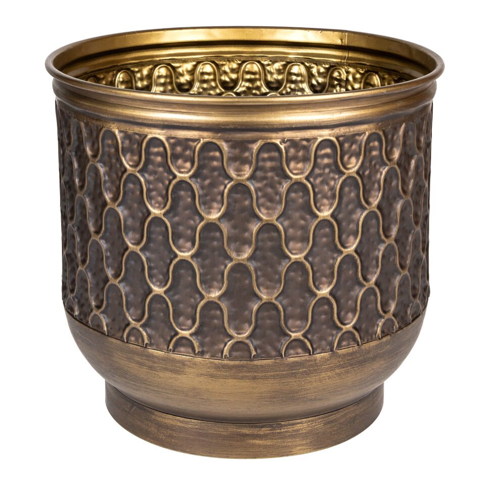 Metal Çiçeklik Saksı, Kabartma Desenli, Kahverengi - 39x35 cm