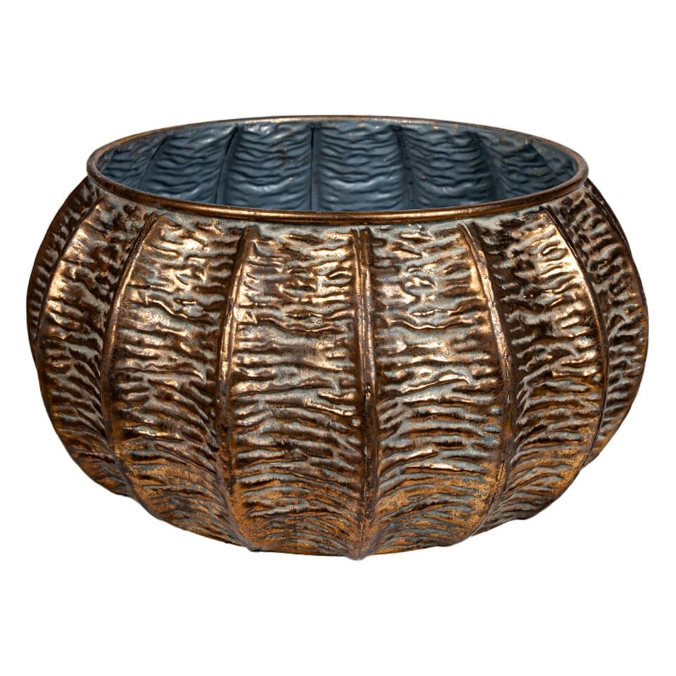 Metal Saksı Kabartma Desenli Gold Eskitme 34,5x22 Cm.