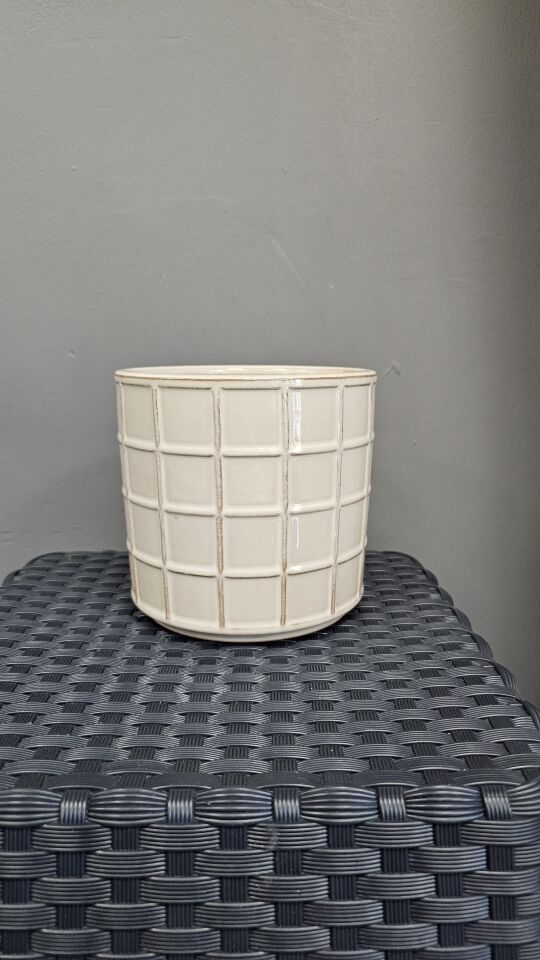 Saksı, Seramik, Beyaz - Kare Desenli, 13x14 cm